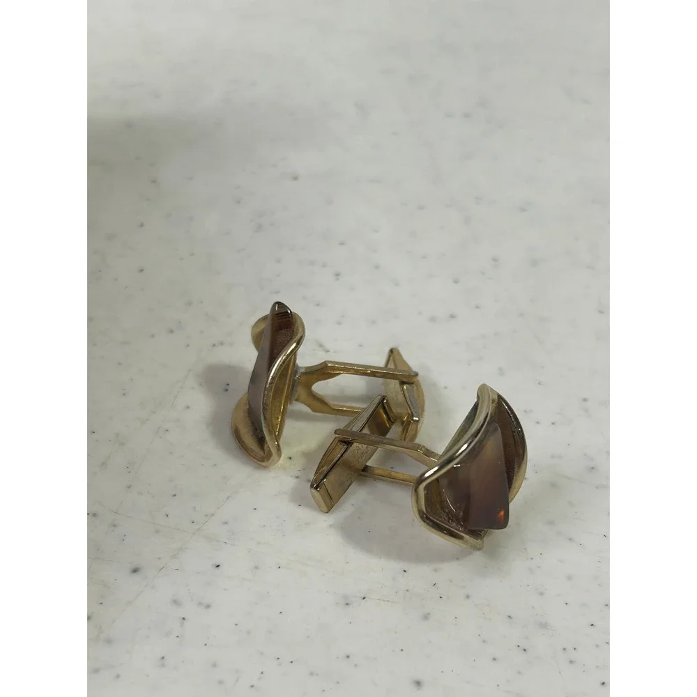 Vintage Gold Tone Tiger's‎ Eye Sculptural Wavy Triangle Cufflinks PAT 2974381